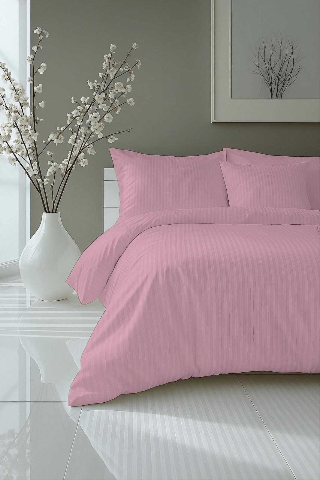 Pink Luxury Satin Solid Stripes Fitted Sheet