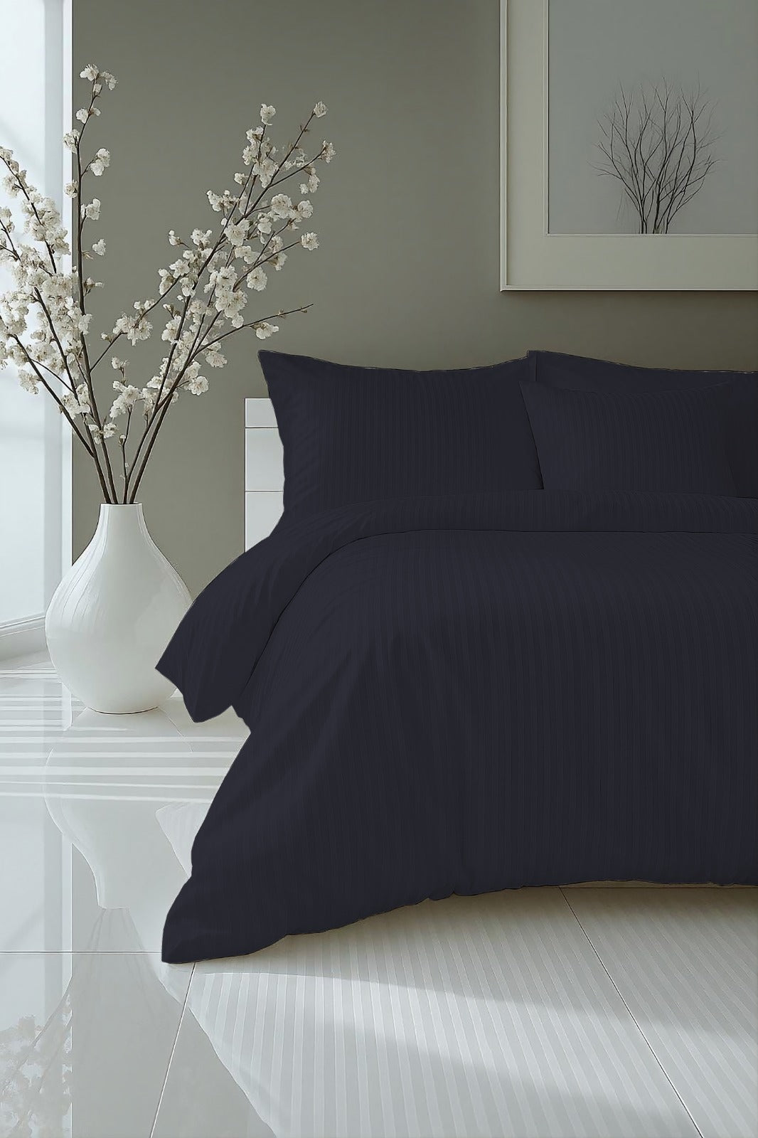 Black Luxury Satin Solid Stripes Fitted Sheet