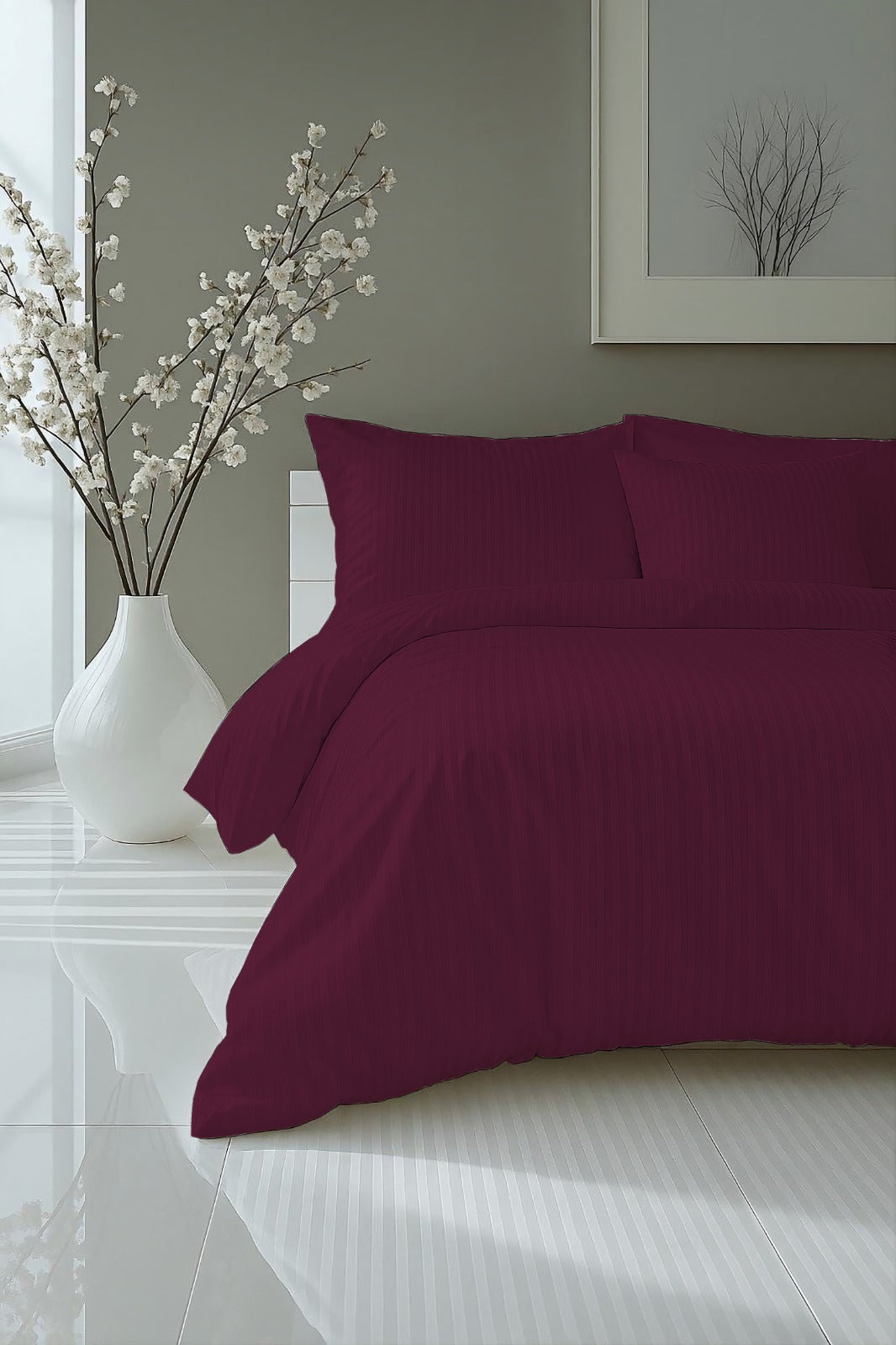 Maroon Luxury Satin Solid Stripes Fitted Sheet
