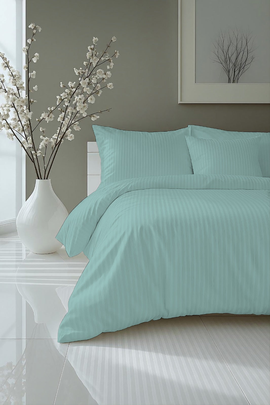 Aqua Luxury Satin Solid Stripes Fitted Sheet