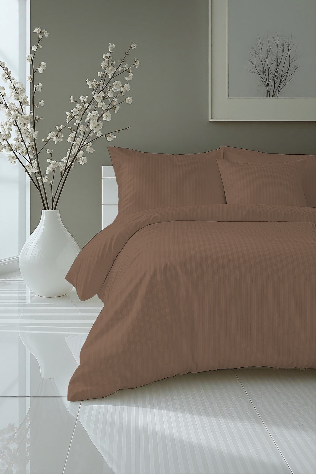 Brown Luxury Satin Solid Stripes Fitted Sheet
