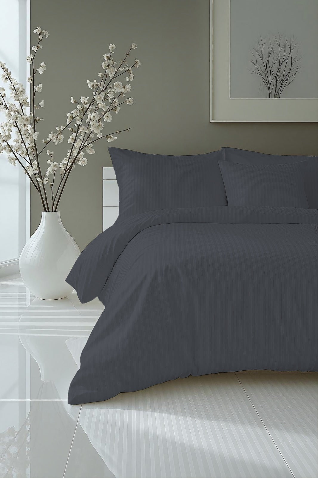Charcoal Grey Luxury Satin Solid Stripes Fitted Sheet