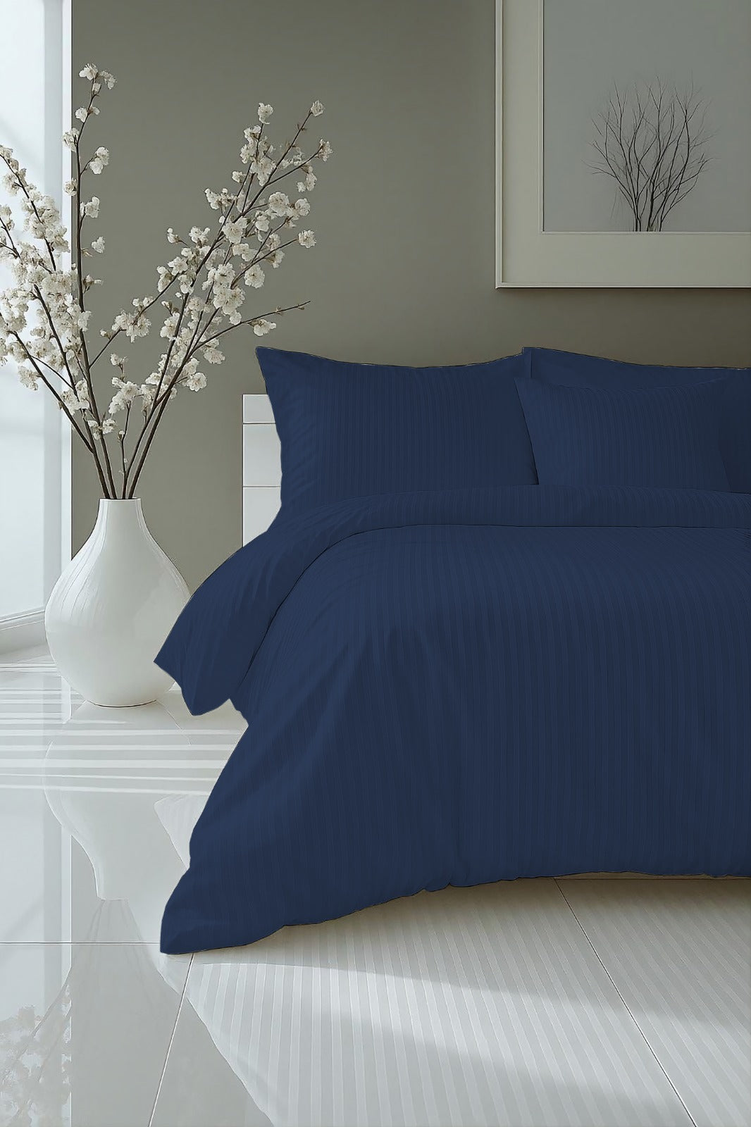 Navy Blue Luxury Satin Solid Stripes Fitted Sheet