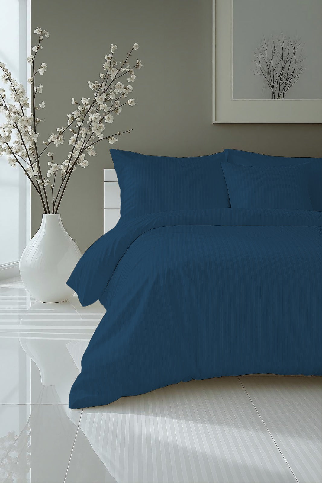 Teal Blue Luxury Satin Solid Stripes Fitted Sheet