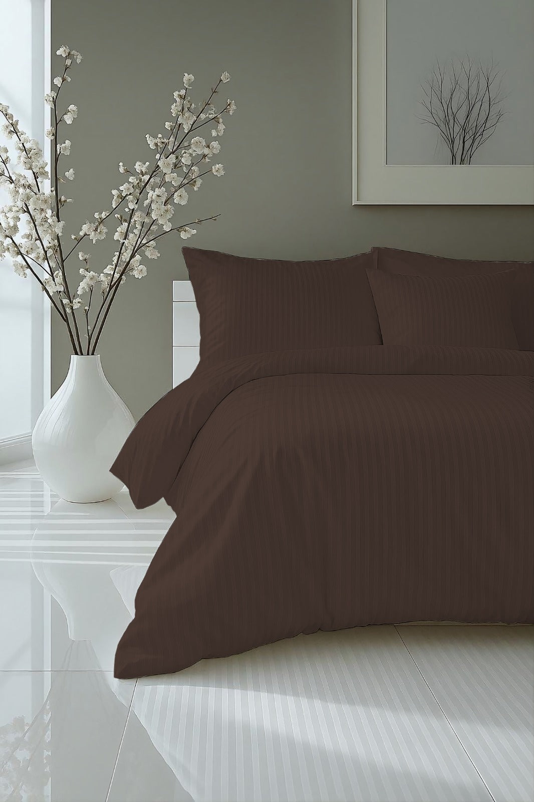Chocolate Brown Luxury Satin Solid Stripes Fitted Sheet