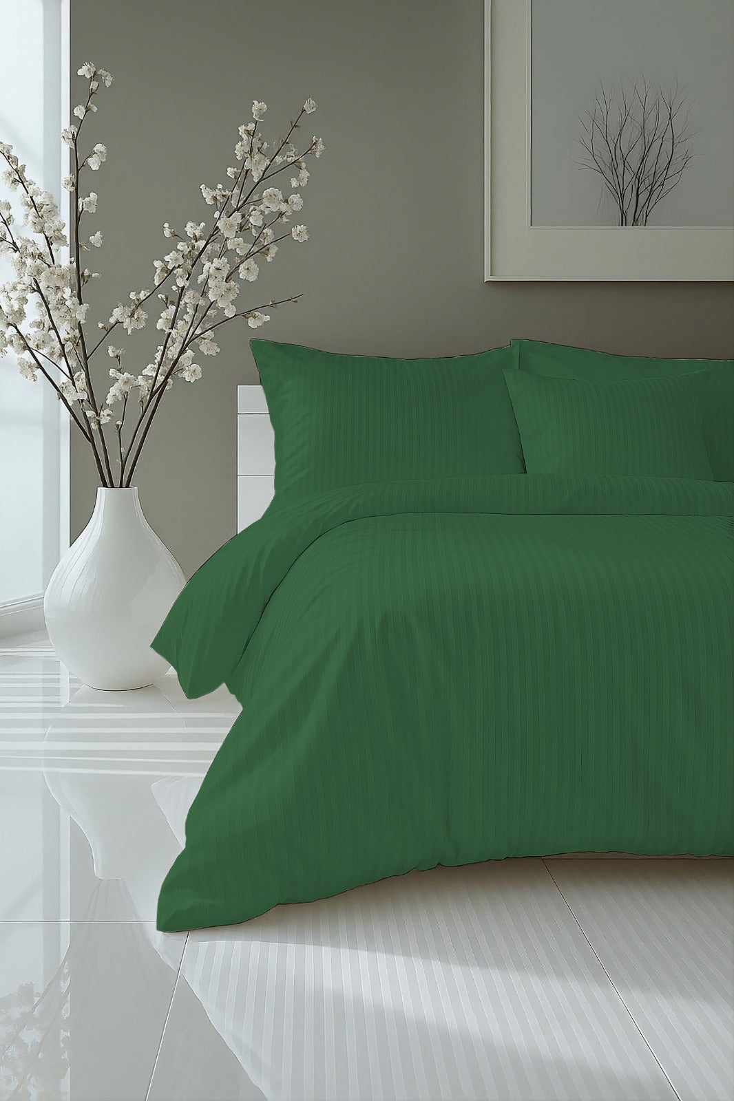 Green Luxury Satin Solid Stripes Fitted Sheet