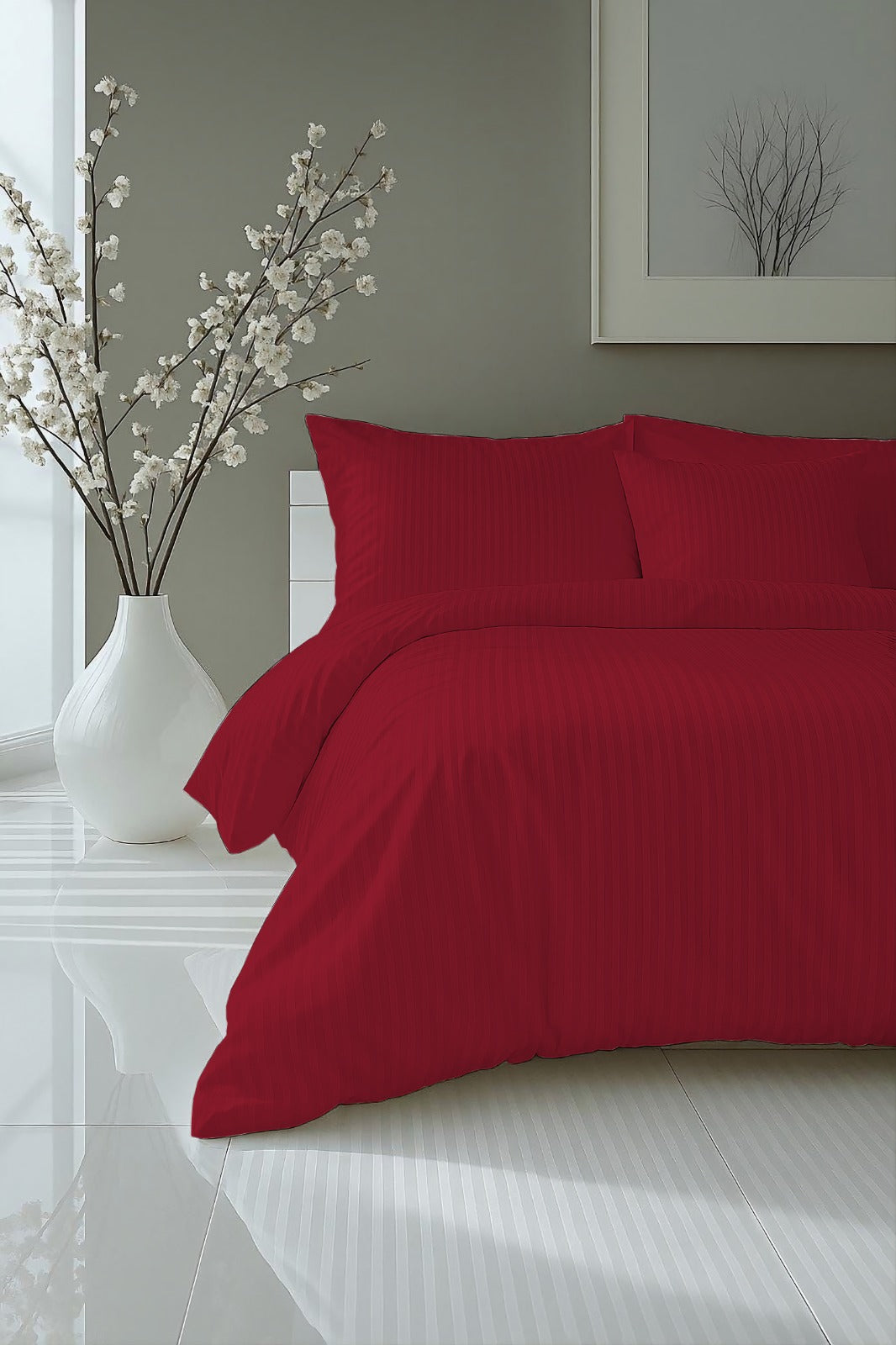 Red Luxury Satin Solid Stripes Fitted Sheet